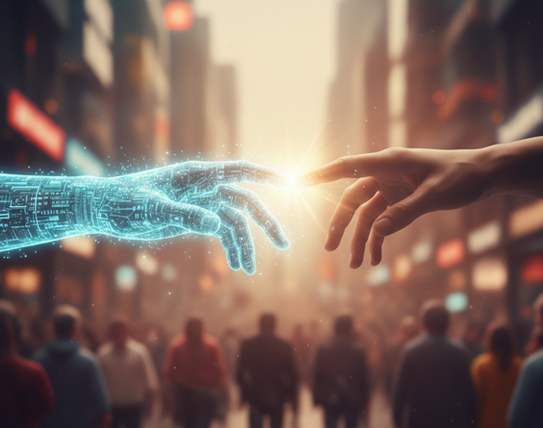 Mano digital robótica tocando mano humana - Inteligencia artificial y humanidad